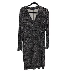 Vtg Gap Faux Wrap Rayon Knit Dress, Black Print Pattern, Knee Length, Size XL